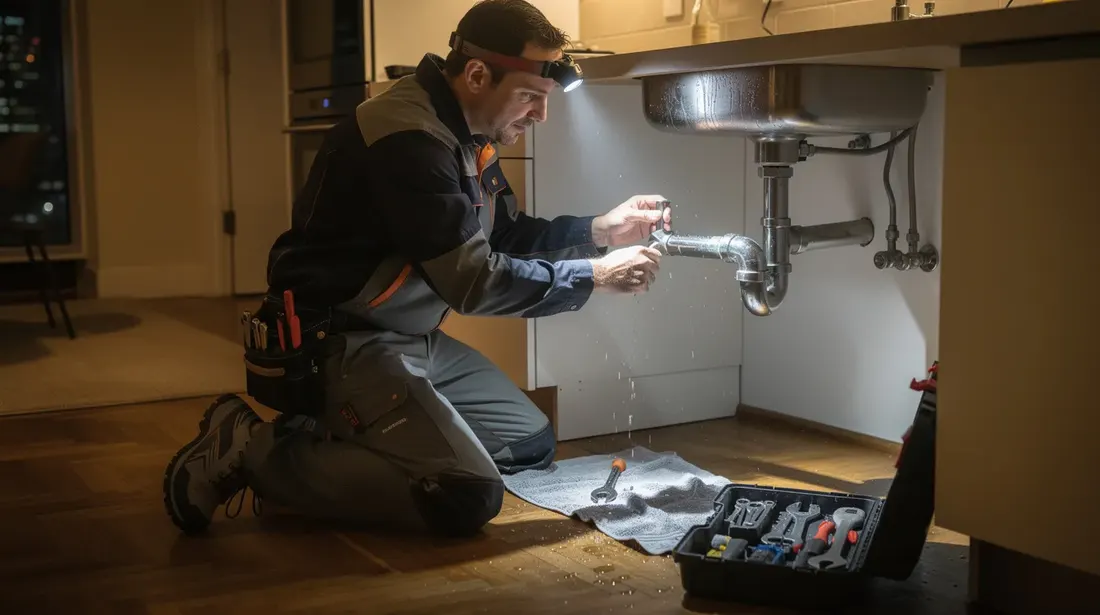 Un installateur sanitaire CFC intervient en urgence dans un appartement urbain, éclairé par une lampe frontale, pour réparer une canalisation défectueuse. Cette scène illustre le professionnalisme et la réactivité nécessaires dans le domaine de la plomberie, particulièrement lors de dépannages nocturnes.