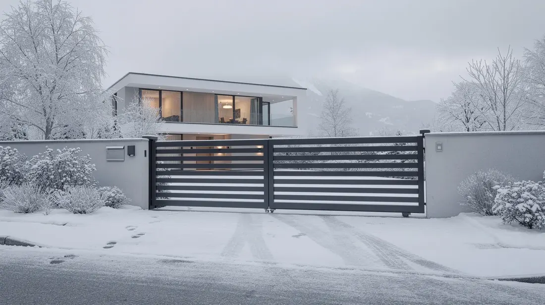 Un portail coulissant en aluminium anthracite est installé devant une maison suisse, offrant un accès sécurisé à la propriété. Le jardin enneigé et l'allée en pente douce ajoutent une touche d'élégance à l'extérieur.
