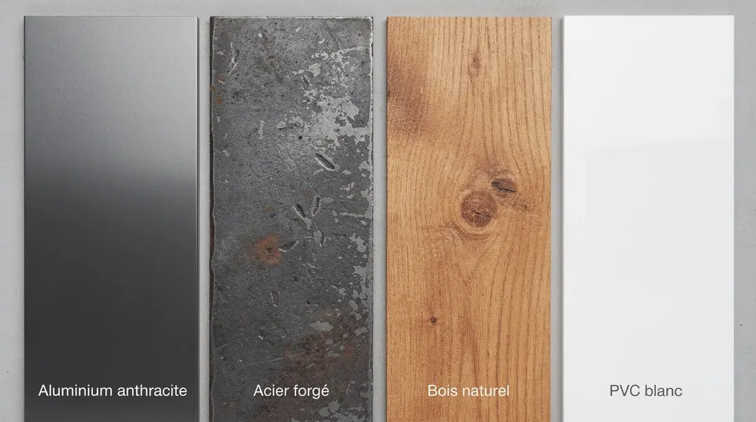 Gros plan sur des échantillons de matériaux pour portail, comprenant de l'aluminium anthracite, de l'acier forgé, du bois naturel et du PVC blanc, alignés côte à côte. Chaque matériau présente une texture et une couleur distinctes, illustrant les choix esthétiques et fonctionnels disponibles pour un portail coulissant.