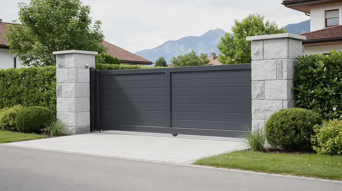 L'image montre l'entrée d'une propriété suisse, mettant en avant un portail coulissant motorisé en aluminium gris anthracite, flanqué de piliers en pierre. La verdure environnante ajoute une touche d'élégance et de sécurité à cet espace extérieur.