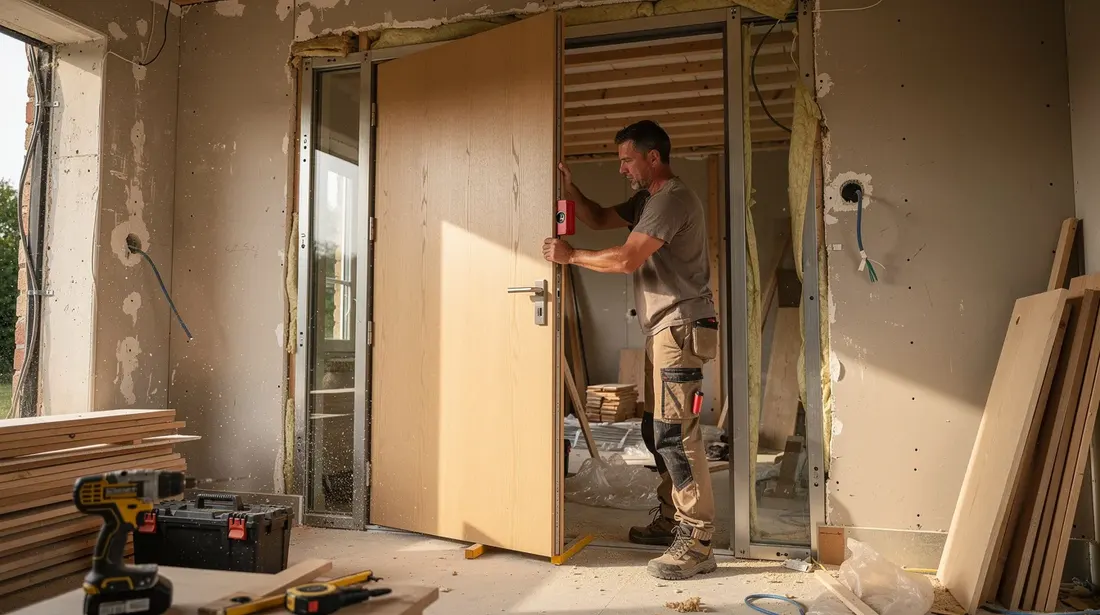 Un artisan menuisier installe une porte d'entrée neuve en bois dans le cadre d'une maison en rénovation, mettant en avant l'esthétique et la sécurité de ce modèle. Le processus de montage est soigneusement réalisé pour répondre aux exigences de qualité et de design.