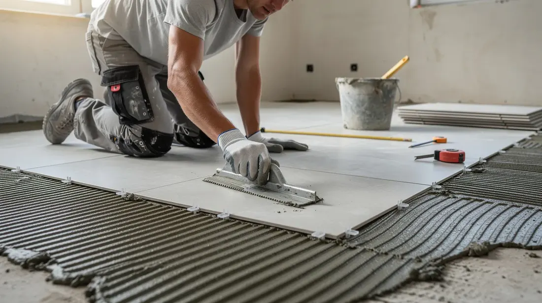 Un carreleur professionnel applique du mortier colle sur le sol, préparant la pose de carreaux de grès cérame avec un peigne cranté. Cette étape essentielle de carrelage sol vise à garantir une finition de qualité pour un revêtement durable.