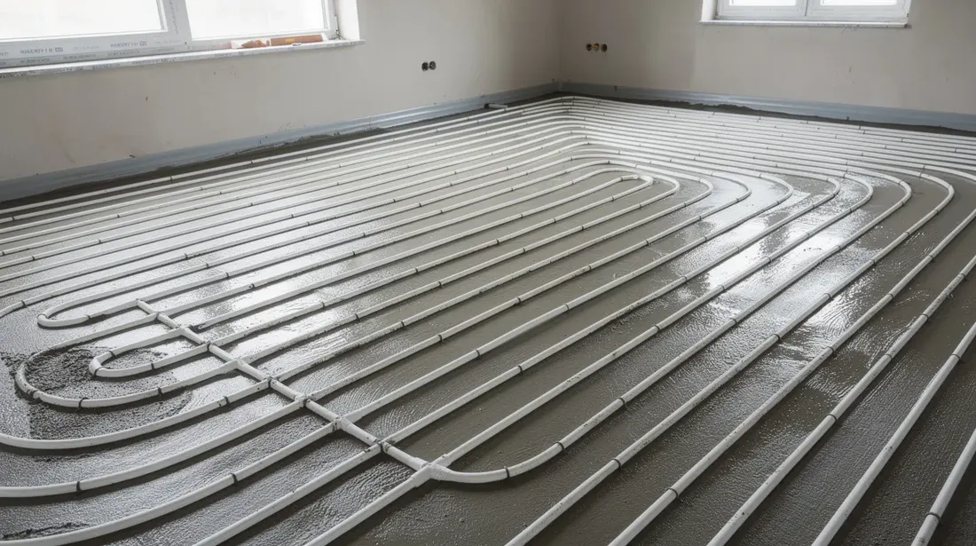 L'image montre des tuyaux de chauffage au sol encastrés dans une chape, prêts pour la pose de carrelage. Cette étape est essentielle avant de recouvrir le sol avec des carreaux, assurant ainsi une bonne finition et un confort thermique dans la pièce.