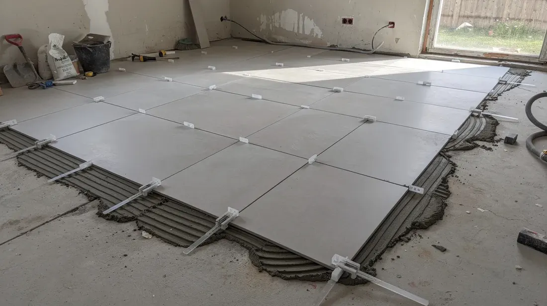 L'image montre une pièce en cours de rénovation avec des carreaux au sol en cours de pose. On peut apercevoir des croisillons et un système de nivellement utilisés pour assurer une finition de qualité du carrelage.