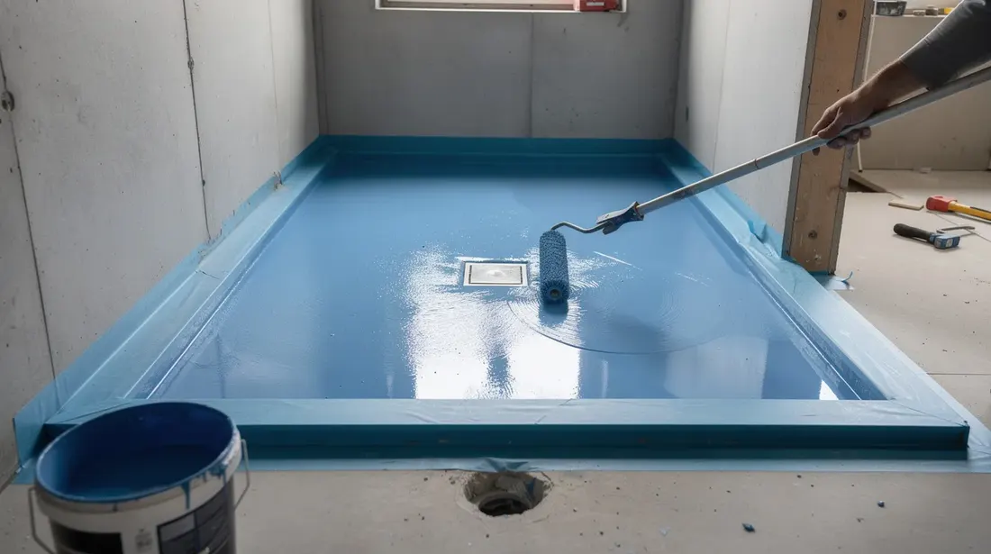 Une membrane d'étanchéité liquide bleue est appliquée sur le sol et les murs d'une douche, préparant ainsi la surface pour la pose de carrelage. Cette étape est essentielle pour garantir l'étanchéité et la durabilité du revêtement dans la salle de bains.