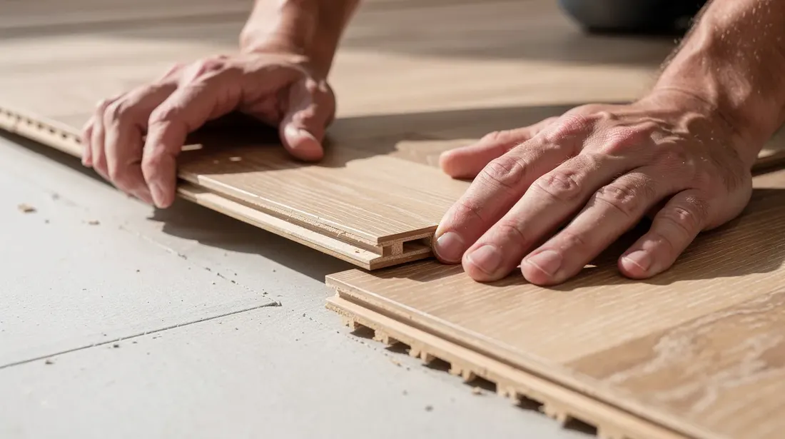 Une vue rapprochée montre des mains en train de poser des lames de parquet en bois clair sur un sol préparé, illustrant la technique de pose flottante. Les lames s'assemblent avec un système de clic, mettant en avant le savoir-faire nécessaire pour une installation réussie.