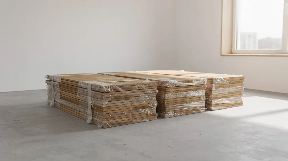 Des paquets de lames de parquet sont soigneusement stockés à plat dans une pièce lumineuse et vide, prêts pour la pose de votre parquet. Le sol est dégagé, mettant en avant la texture et la couleur des lames de bois.