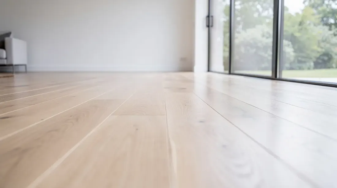 Un salon lumineux avec de grandes fenêtres présente un parquet en chêne fraîchement posé, mettant en valeur des lames de bois soigneusement installées. Ce revêtement de sol apporte une ambiance chaleureuse et élégante à la pièce.