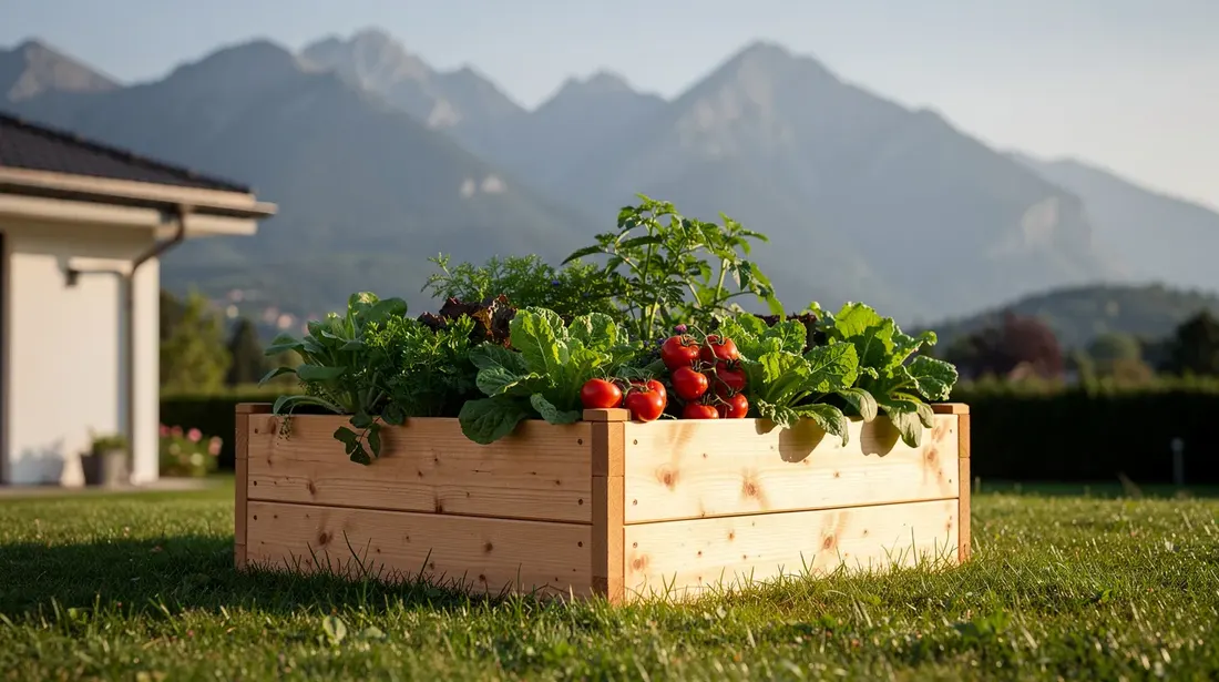 Un petit bac surélevé en bois, rempli de légumes verts et de tomates, se trouve dans un jardin résidentiel. En arrière-plan, une pelouse verdoyante s'étend avec des montagnes majestueuses, créant un cadre naturel apaisant pour le jardinage.
