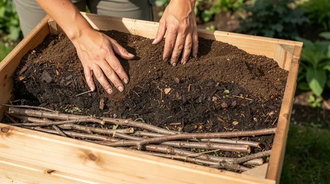 Gros plan sur les mains d'une personne qui remplit un bac surélevé en bois avec des couches de branches, de compost et de terre, illustrant le travail du jardinage et la préparation d'un potager. L'image met en avant l'harmonie entre la nature et la culture des plantes.
