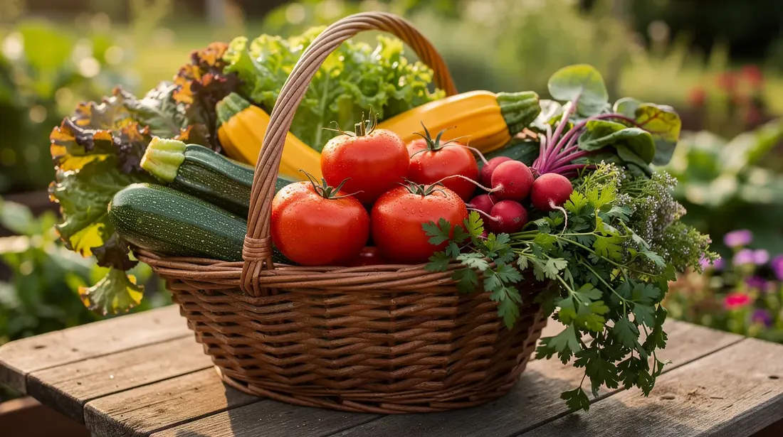Un panier en osier débordant de légumes fraîchement récoltés, comprenant des tomates, courgettes, salades, radis et herbes aromatiques, est posé sur une table en bois au sein d'un jardin. Cette scène évoque la richesse de la nature et le plaisir du jardinage.