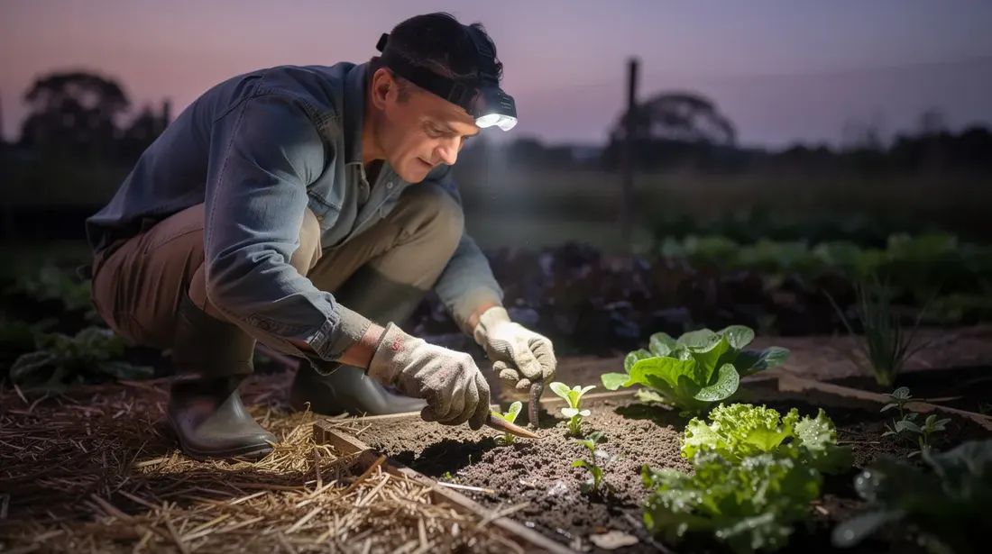 Un jardinier accroupi dans un potager paillé ramasse une limace près de jeunes plants de salade, éclairé par une lampe frontale au crépuscule. L'image évoque la vie au jardin, où le travail de la terre et la culture des légumes se poursuivent même à la tombée de la nuit.
