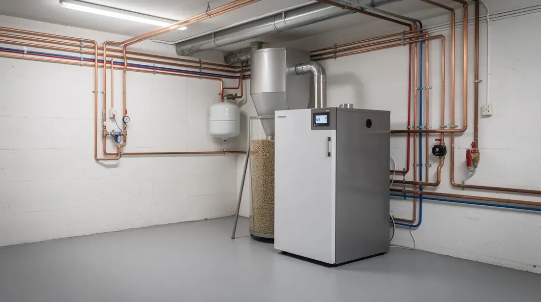 L'image montre une chaufferie moderne située dans un sous-sol résidentiel, équipée d'une chaudière à granulés de bois, avec des tuyaux de raccordement visibles. Ce système de chauffage utilise une technologie d'énergie renouvelable, offrant une alternative efficace et économique pour les propriétaires soucieux de la performance énergétique de leur maison.