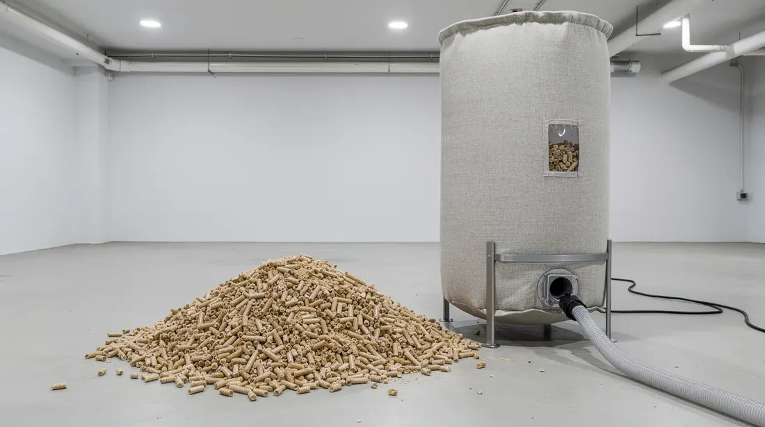 L'image montre un tas de granulés de bois soigneusement empilé à côté d'un silo de stockage textile, le tout dans un sous-sol propre et bien organisé. Ce type de combustible est souvent utilisé dans les chaudières à condensation pour un chauffage efficace et respectueux de l'environnement.