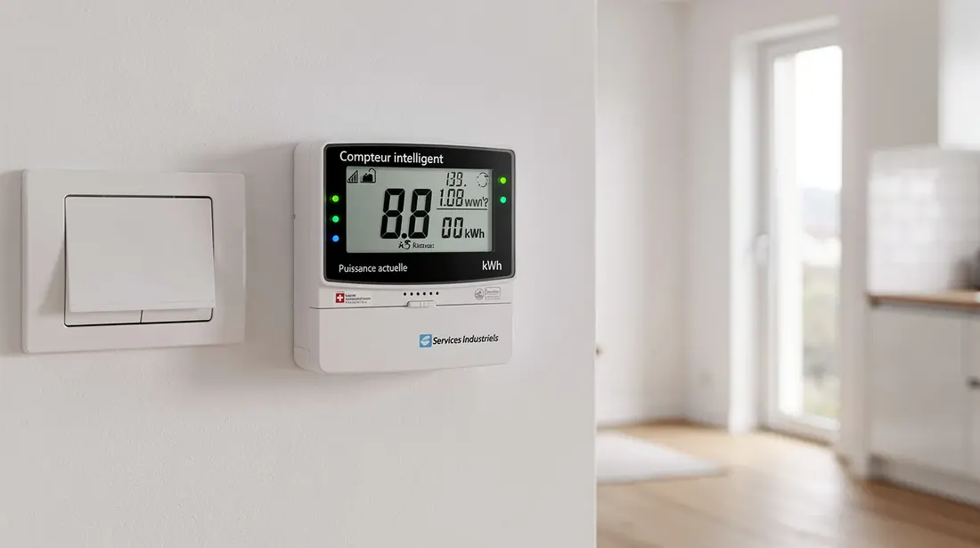 L'image montre un compteur électrique intelligent installé dans un foyer moderne en Suisse, mettant en avant la technologie de comptage de la consommation d'électricité. Ce dispositif permet aux consommateurs de suivre leur consommation d'énergie et d'optimiser leur utilisation, tout en tenant compte des tarifs de l'électricité et des énergies renouvelables.