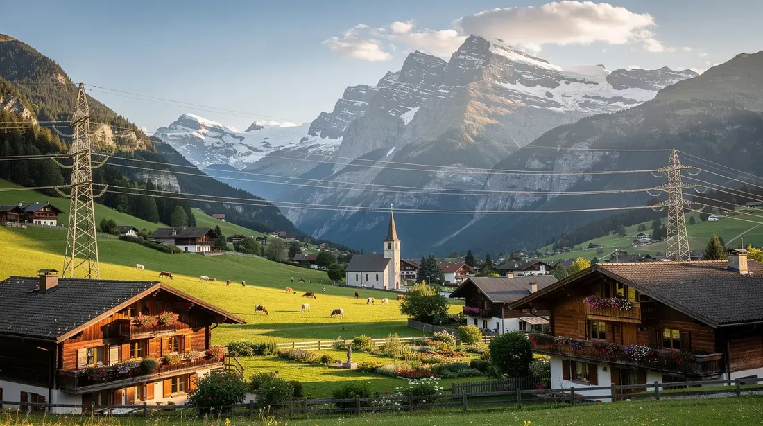 L'image montre un charmant village suisse entouré de majestueuses montagnes, avec des lignes électriques traversant la vallée, illustrant l'importance du réseau de distribution d'électricité et des énergies renouvelables dans cette région. Ce paysage pittoresque évoque également les enjeux liés aux tarifs de l'électricité et à la consommation énergétique des ménages.