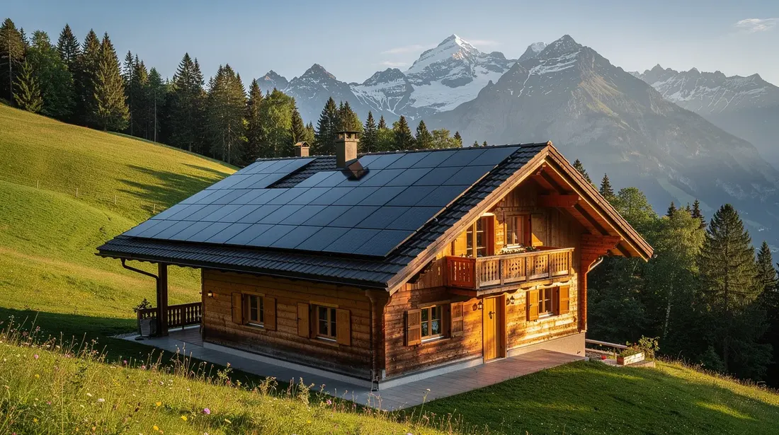 L'image montre des panneaux solaires installés sur le toit d'un chalet suisse, entouré de verdure luxuriante. Cette installation symbolise l'utilisation des énergies renouvelables pour la production d'électricité, contribuant ainsi à la réduction des coûts de consommation d'électricité et à la transition énergétique en Suisse.