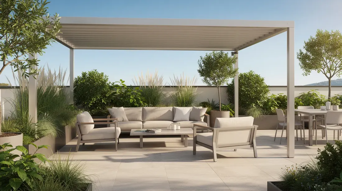 Cette image montre une terrasse ensoleillée avec une pergola moderne en aluminium, offrant un espace de détente idéal, entourée de plantes vertes et de mobilier de jardin. La conception de la pergola, avec ses lames orientables, permet de profiter du soleil tout en créant une oasis agréable pour les repas en extérieur.