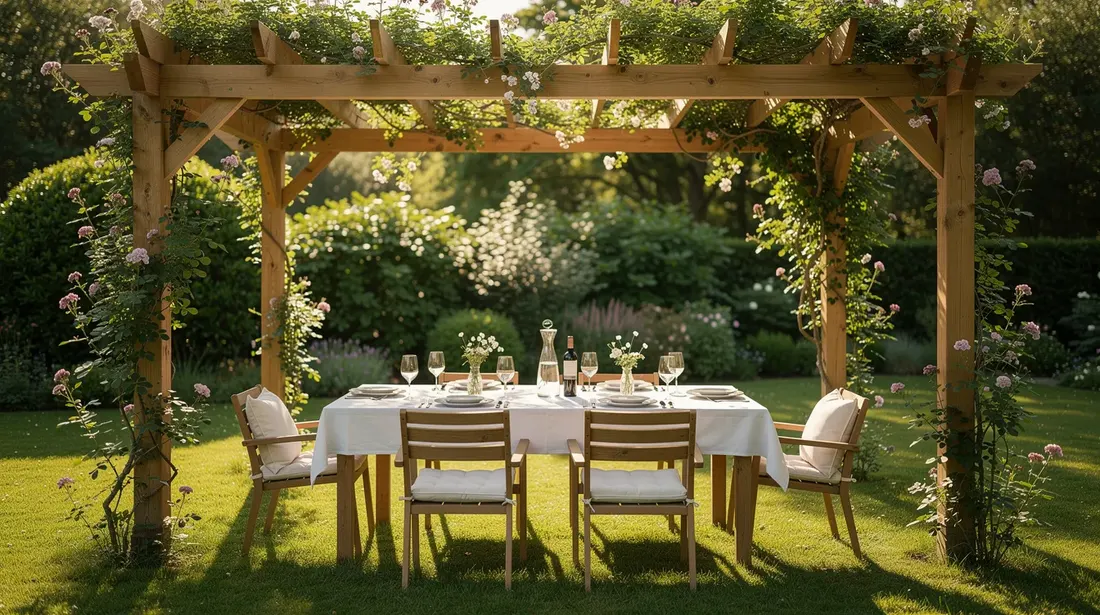 L'image montre une pergola en bois élégante installée dans un jardin verdoyant, avec une table joliment dressée pour un repas en plein air, créant un espace de détente idéal. Cette configuration met en valeur l'harmonie entre la nature et le confort extérieur, parfait pour profiter du soleil.