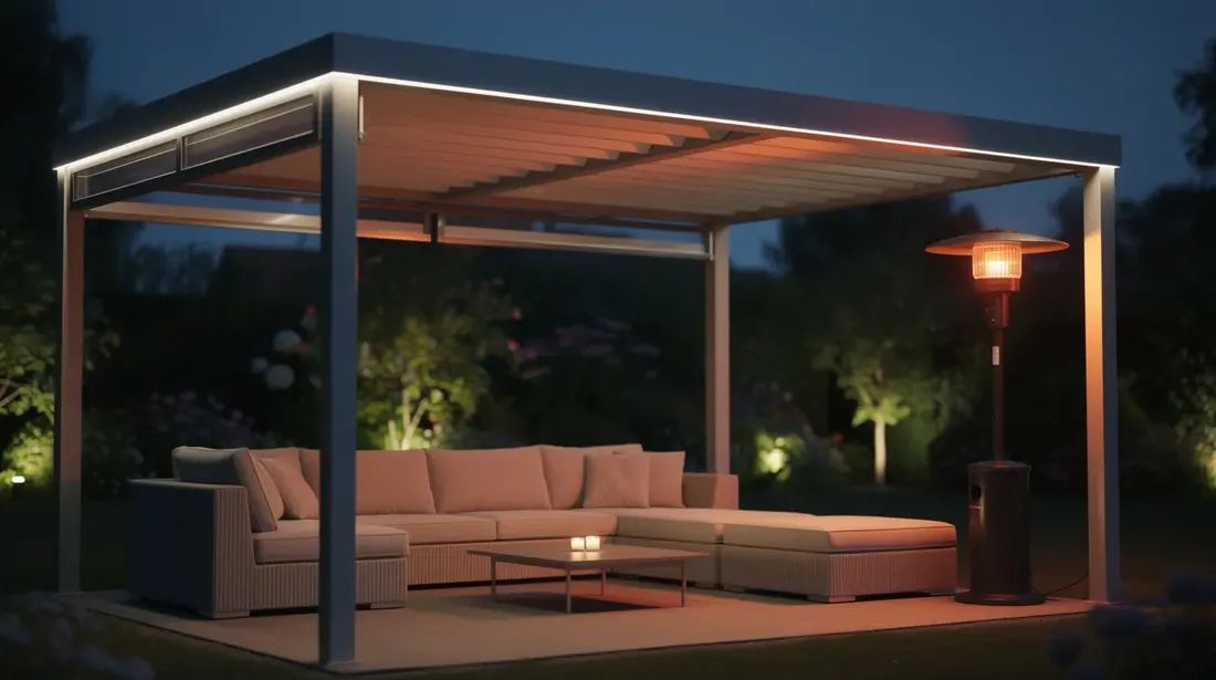 L'image montre une pergola bioclimatique élégamment éclairée par des LED, installée sur une terrasse. Des meubles lounge confortables et un chauffage infrarouge créent une ambiance de détente, idéale pour profiter des soirées à l'extérieur dans un jardin.