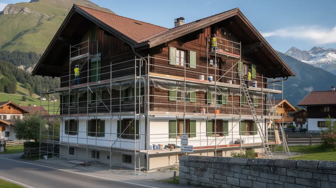 L'image montre une maison suisse traditionnelle entourée d'échafaudages, indiquant des travaux de rénovation en cours. Ces travaux visent à améliorer l'état de la propriété, avec des investissements potentiels en isolation thermique et en systèmes de chauffage pour augmenter la qualité de vie.