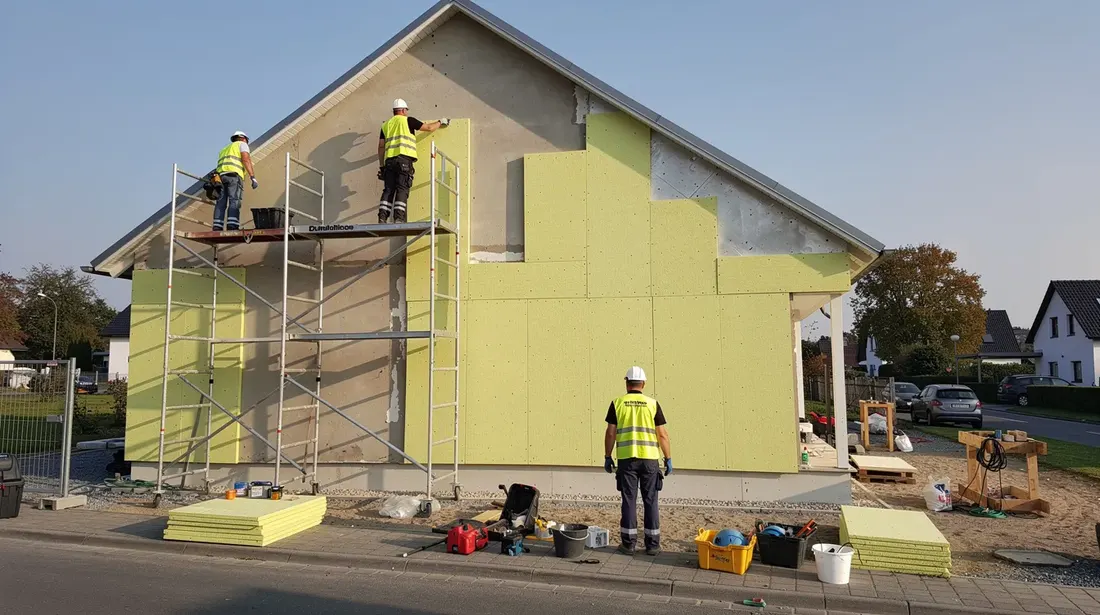 Des ouvriers travaillent sur la façade d'une maison individuelle, installant une isolation extérieure pour améliorer l'efficacité énergétique du bâtiment. Ces travaux de rénovation visent à optimiser le confort et à réduire les coûts de chauffage, contribuant ainsi à la qualité de vie des propriétaires.