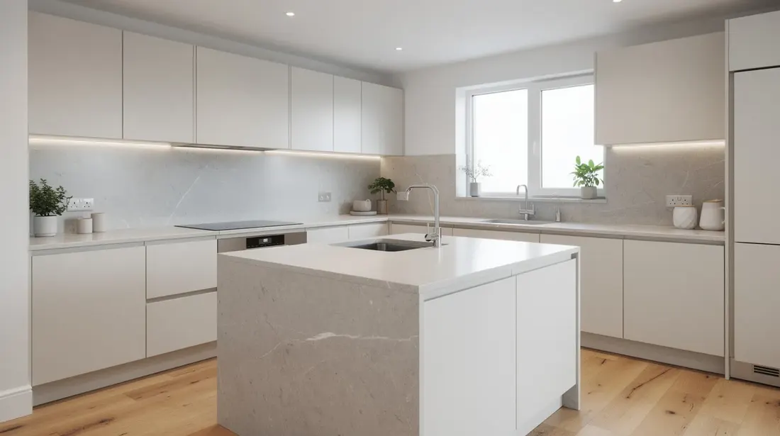 Cette image montre une cuisine moderne récemment rénovée, avec des finitions claires et un plan de travail en pierre, mettant en avant les travaux de rénovation d'une maison qui améliorent la qualité de vie. Les éléments contemporains et l'agencement fonctionnel illustrent les choix judicieux pour un projet de rénovation réussi.