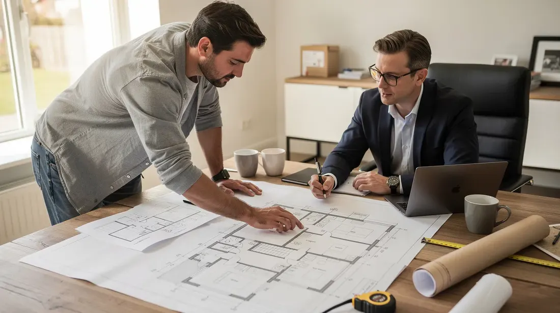 Un propriétaire examine des plans de rénovation avec un architecte autour d'une table, discutant des travaux à réaliser dans sa maison. Ils évaluent le coût et le budget nécessaires pour la rénovation complète, en prenant en compte des éléments comme l'isolation thermique et le système de chauffage.