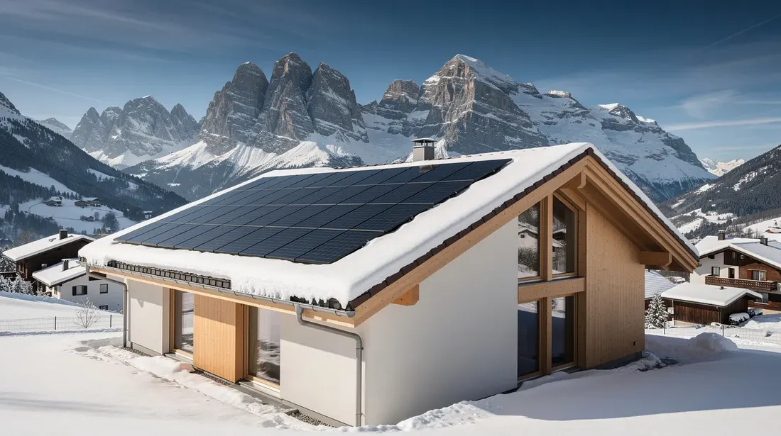 Des panneaux solaires sont installés sur le toit d'une maison individuelle en Suisse, avec en arrière-plan des montagnes enneigées majestueuses. Cette installation de photovoltaïque illustre l'engagement du pays envers les énergies renouvelables et l'efficacité énergétique.