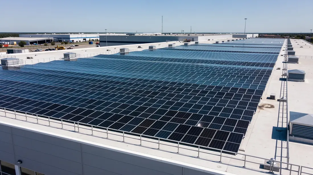 Une grande installation solaire photovoltaïque est visible sur le toit plat d'un bâtiment industriel, illustrant l'utilisation des énergies renouvelables pour la production d'électricité. Ce système, composé de plusieurs panneaux solaires, est un exemple de la transition vers des solutions énergétiques durables.