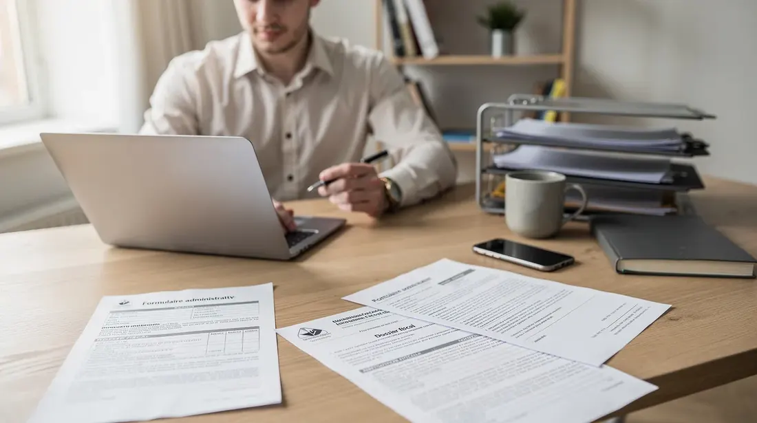 Une personne est assise à un bureau, utilisant un ordinateur portable, entourée de documents administratifs. Sur la table, on peut apercevoir des feuilles concernant des sujets tels que les installations photovoltaïques et les programmes de subvention pour l'énergie.