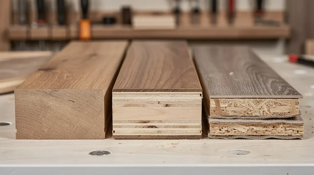 Trois échantillons de revêtements de sol en bois sont présentés sur un établi, montrant les différentes couches internes de chaque type de parquet, notamment le parquet massif et le parquet contrecollé, offrant un aperçu des choix possibles pour un revêtement de sol dans une maison. Chaque échantillon met en avant l'esthétique et la qualité des matériaux, essentiels pour choisir un parquet adapté à son intérieur.