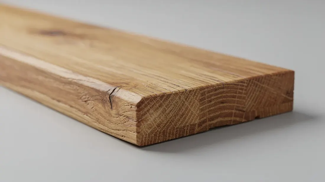 Gros plan sur un échantillon de parquet en chêne doré, mettant en valeur le veinage naturel du bois, qui souligne son authenticité et son esthétique. Ce type de parquet massif est idéal pour apporter chaleur et élégance à votre intérieur, que ce soit dans un salon ou une chambre à coucher.