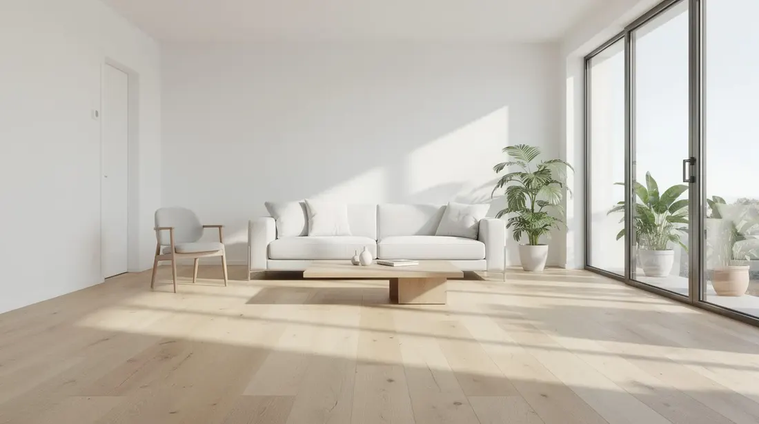 Un séjour lumineux avec un parquet en chêne clair, mettant en valeur l'esthétique chaleureuse de la pièce. De grandes fenêtres laissent entrer la lumière naturelle, créant une ambiance accueillante et agréable.