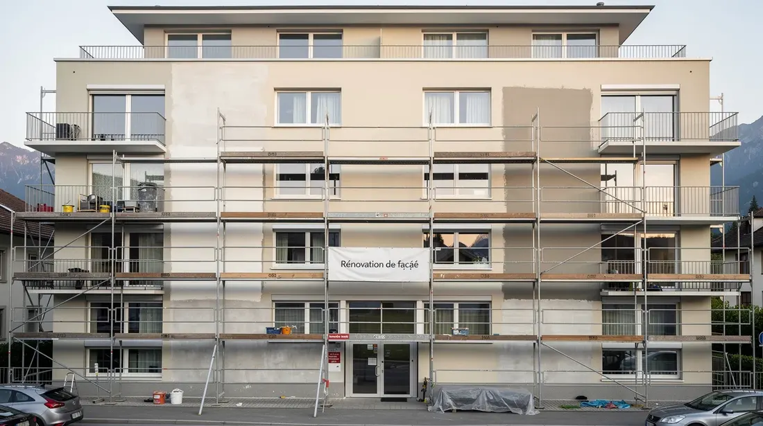 L'image montre la façade d'un immeuble résidentiel en Suisse romande, partiellement recouverte d'échafaudages pour des travaux de ravalement. Les murs sont en cours de rénovation, avec des bâches de protection installées pour préserver l'état du bâtiment pendant le nettoyage et l'application de l'enduit.