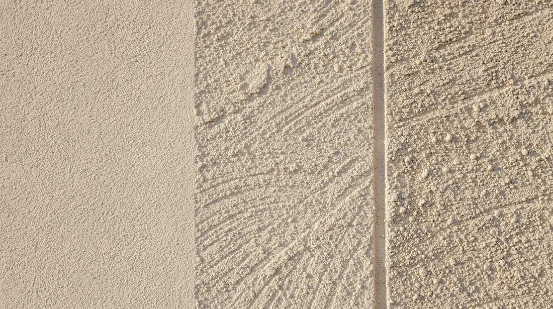 Gros plan sur différentes textures de crépi de façade, montrant des finitions talochées, grattées et projetées. Ces revêtements illustrent le savoir-faire en matière de ravalement de façade, essentiel pour la protection et l'embellissement des bâtiments.