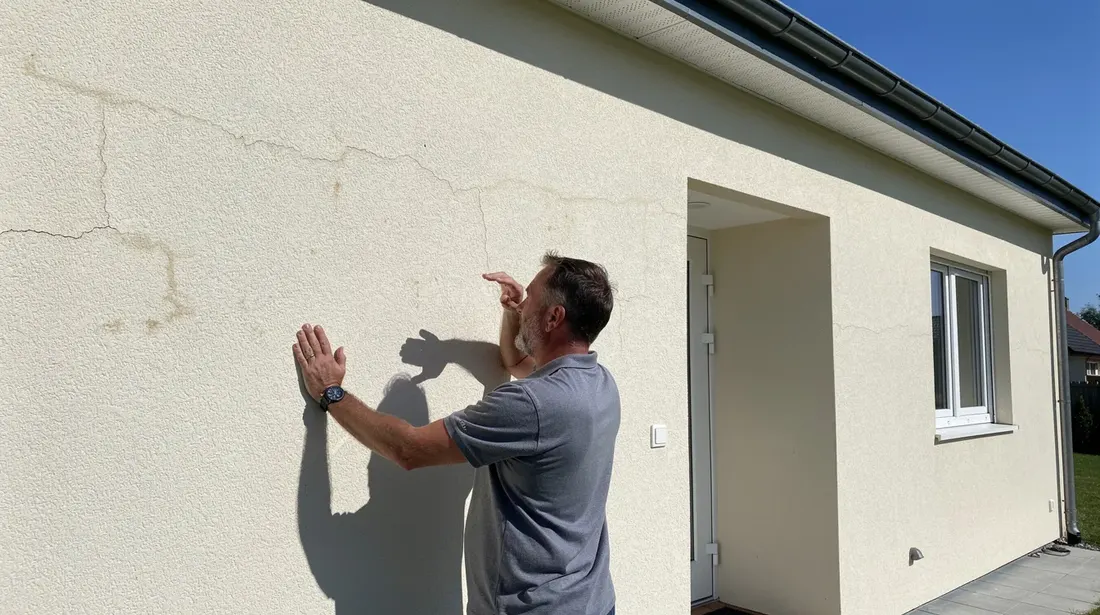 Un propriétaire inspecte la façade de sa maison, dont les murs crépis clairs brillent sous le soleil. Cette inspection est une étape importante pour évaluer l'état du revêtement et envisager d'éventuels travaux de ravalement de façade.
