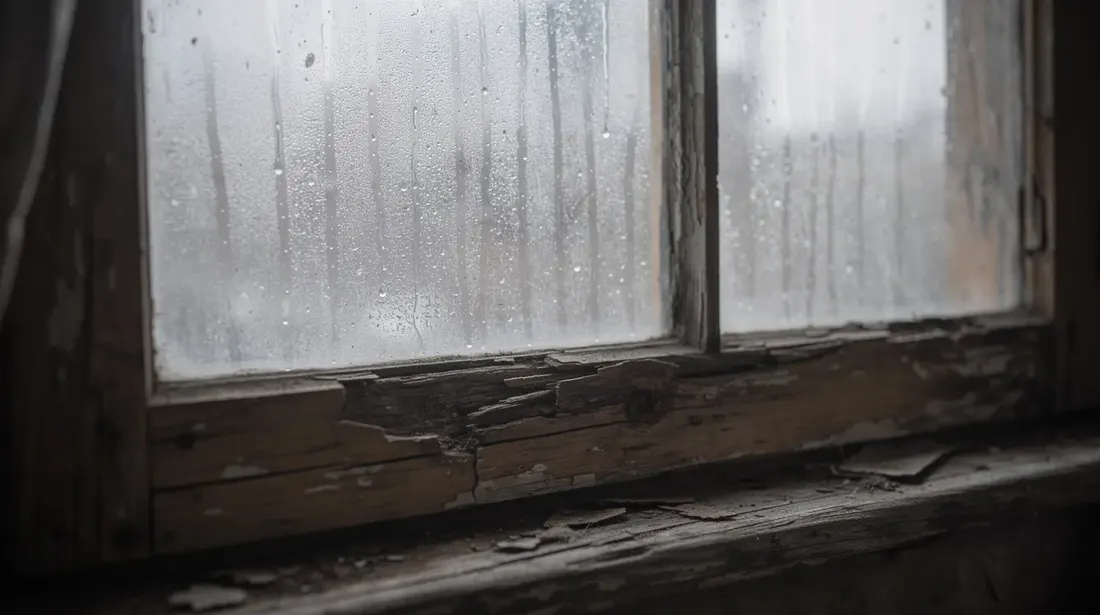 Une vieille fenêtre en bois, présentant de la condensation sur les vitres et un cadre abîmé par l'usure, témoigne des déperditions de chaleur et de l'importance d'une bonne isolation pour le confort d'un logement. Ce type de menuiserie pourrait nécessiter un remplacement pour améliorer l'efficacité énergétique de la maison.