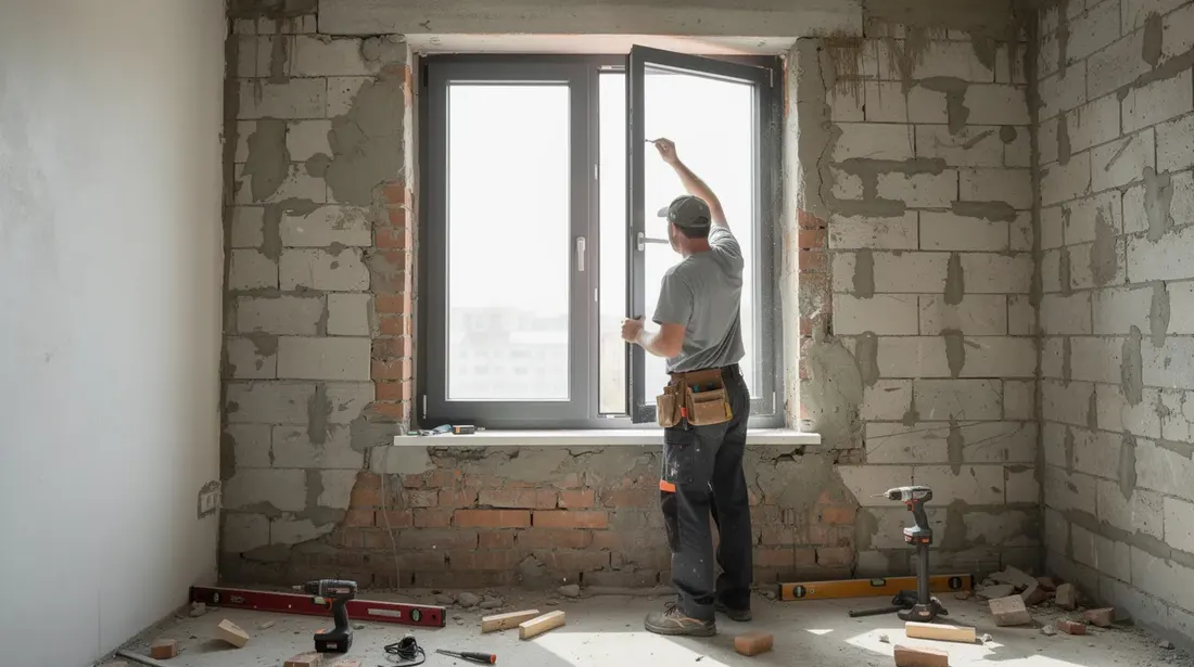 Un artisan installe une fenêtre moderne dans un mur en maçonnerie nue, illustrant les étapes du remplacement des fenêtres lors d'une rénovation. Cette intervention vise à améliorer l'isolation thermique et à réduire les déperditions de chaleur, contribuant ainsi au confort du logement.