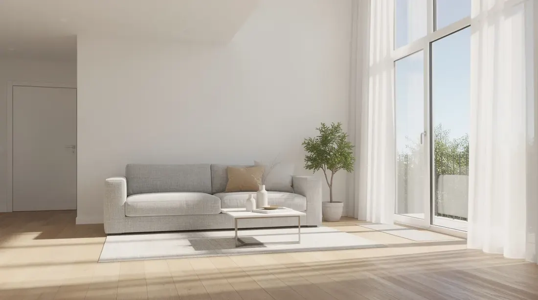 Un salon lumineux avec de grandes fenêtres modernes qui laissent entrer la lumière naturelle, créant une ambiance chaleureuse et confortable. Ces nouvelles fenêtres offrent également une bonne isolation thermique, réduisant les déperditions de chaleur et améliorant l'efficacité énergétique de la maison.