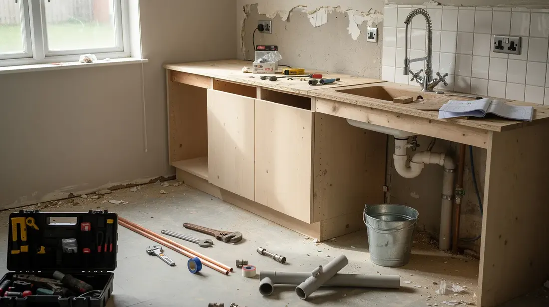 L'image montre une cuisine en cours de rénovation, avec des plans de travail provisoires et divers outils de plomberie éparpillés sur le sol. Ce projet de rénovation d'appartement illustre l'importance de la planification et du savoir-faire nécessaires pour moderniser cet espace.