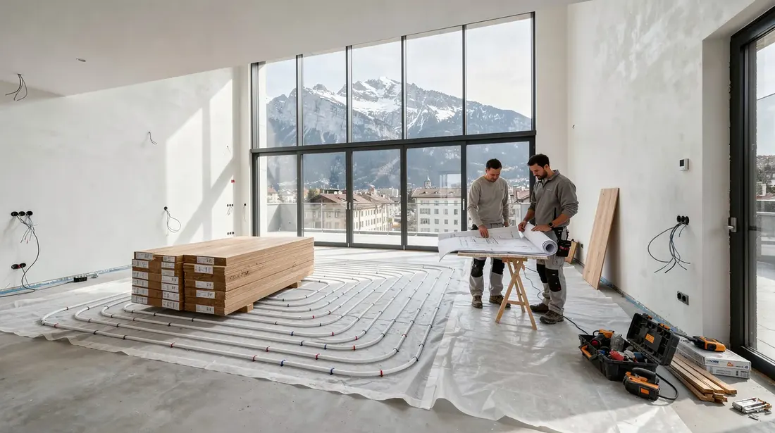 L'image montre un chantier de rénovation d'un appartement luxueux à Genève, mettant en avant des artisans au travail, avec des matériaux de qualité et un espace soigneusement aménagé. Le projet illustre l'importance du savoir-faire et de la planification pour moderniser un bâtiment tout en préservant son caractère et son histoire.