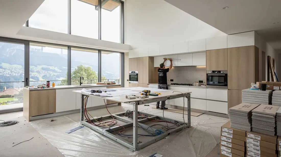 L'image montre un chantier de rénovation d'une cuisine spacieuse dans une grande villa en Suisse, où des cuisinistes s'affairent à transformer l'espace avec des matériaux haut de gamme. On peut apercevoir des plans de travail en pierre naturelle, des meubles de cuisine en cours d'installation et des appareils électroménagers modernes, illustrant ainsi les étapes d'un projet de rénovation ambitieux.