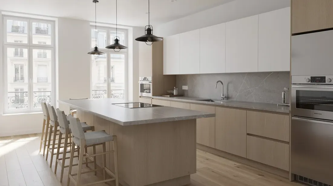 Cette image montre une cuisine moderne rénovée, mettant en avant un îlot central en bois clair et un plan de travail en pierre naturelle. L'espace est lumineux, avec des meubles de cuisine élégants et une configuration optimisée pour le quotidien.