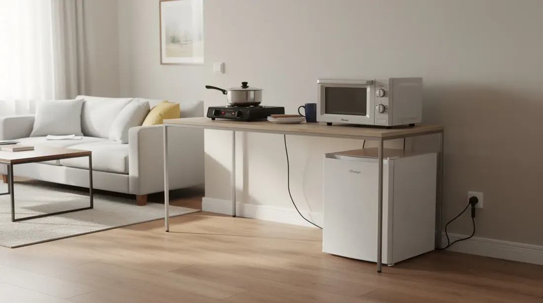 Une cuisine provisoire est installée dans un salon, comprenant une plaque portable, un micro-ondes et un petit réfrigérateur sur une table, offrant ainsi une solution fonctionnelle pendant les travaux de rénovation. Cet aménagement temporaire permet de répondre aux besoins quotidiens tout en attendant la transformation de la nouvelle cuisine.