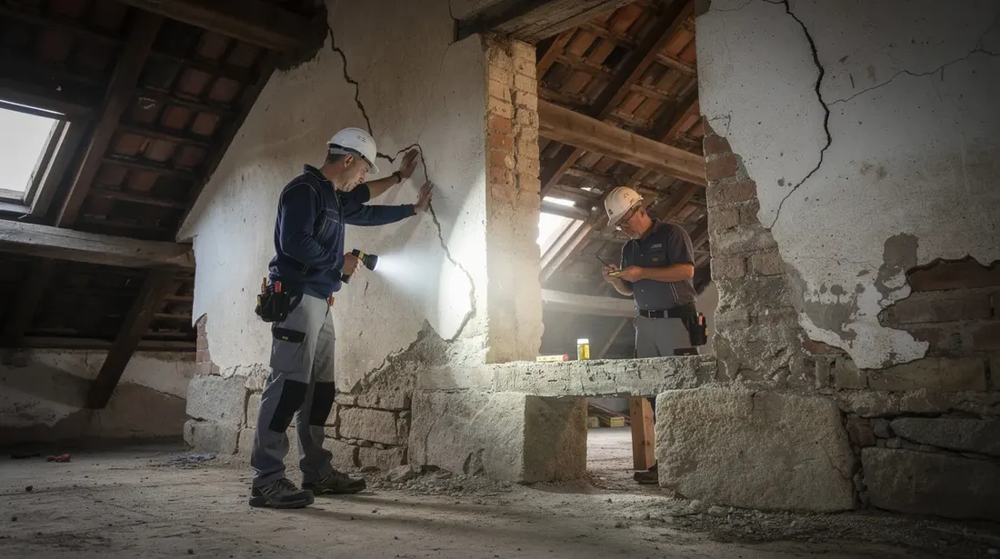 Un expert en bâtiment effectue un diagnostic technique dans une maison ancienne, inspectant les fondations avec une lampe torche et examinant les murs porteurs présentant des fissures. La charpente est visible depuis l'intérieur, créant une ambiance professionnelle et détaillant les matériaux de construction.