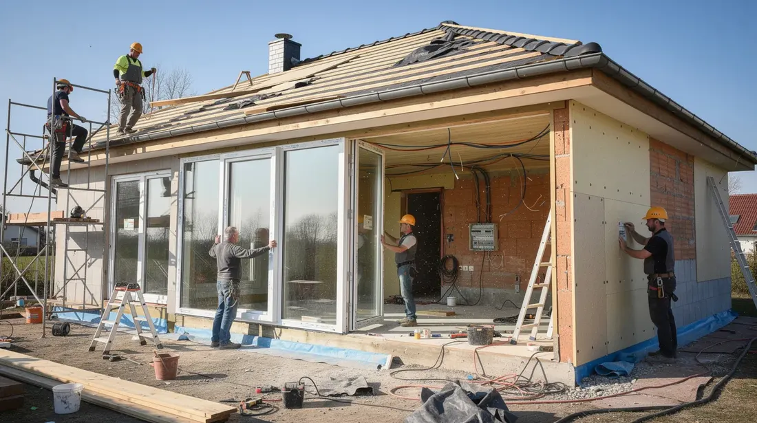 L'image montre un chantier de rénovation d'une maison individuelle en cours, avec des ouvriers travaillant simultanément sur la toiture, l'installation de nouvelles fenêtres et l'isolation d'un mur extérieur. Des câbles électriques sont visibles à l'intérieur, illustrant les différentes étapes des travaux de rénovation.