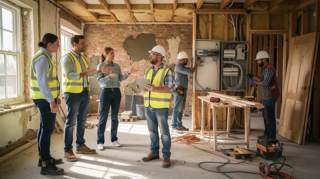 Un chef de chantier discute avec des artisans sur un chantier de rénovation, tenant une tablette numérique. En arrière-plan, des maçons, électriciens et menuisiers travaillent sur une maison en rénovation, créant une atmosphère de collaboration sous une lumière naturelle.
