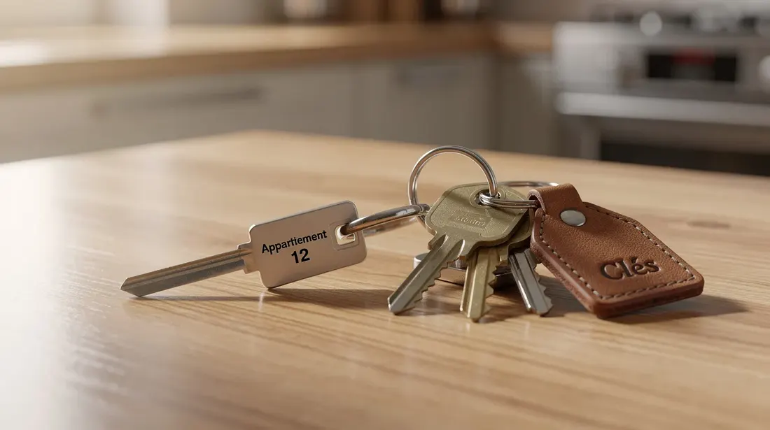 Une image montrant des clés d'appartement posées sur un plan de travail en bois, accompagnées d'un trousseau. Cette scène évoque le processus de reprise de bail et les démarches liées à la location d'un logement en Suisse romande.