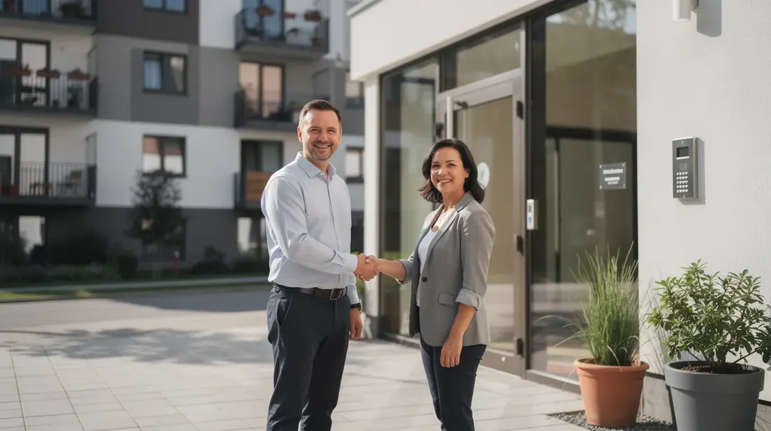 Deux personnes se serrent la main devant la porte d'entrée d'un immeuble résidentiel, symbolisant un accord pour la reprise de bail. Cette scène illustre le processus de location d'un appartement, où un candidat devient le nouveau locataire, renforçant les liens entre les parties impliquées.